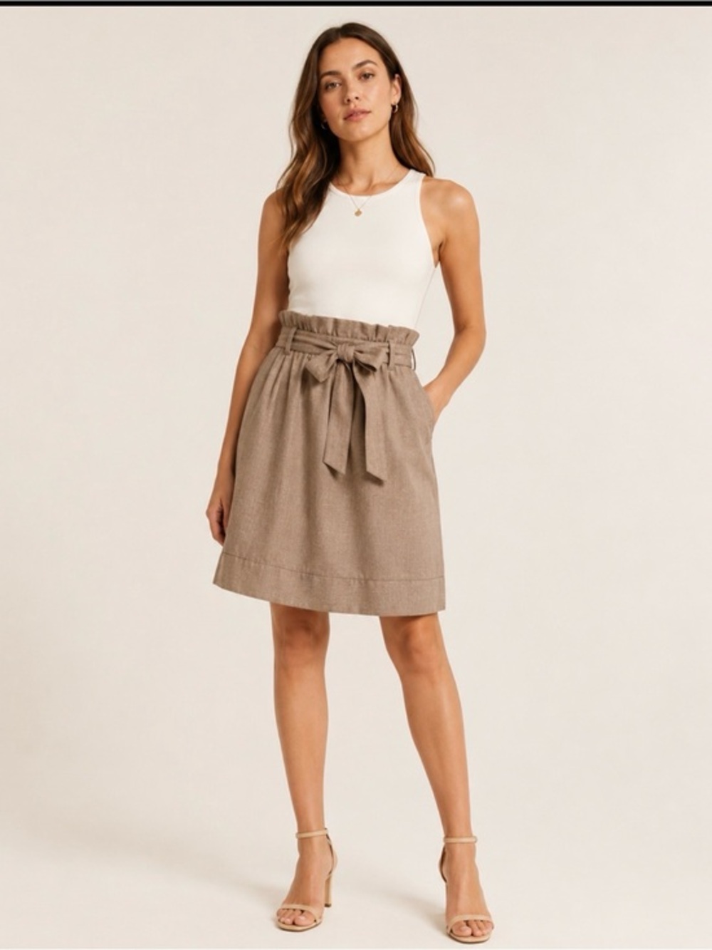 BCBGMaxAzria Tan paper bag waist Knee-Length Skirt with Tie Front belt